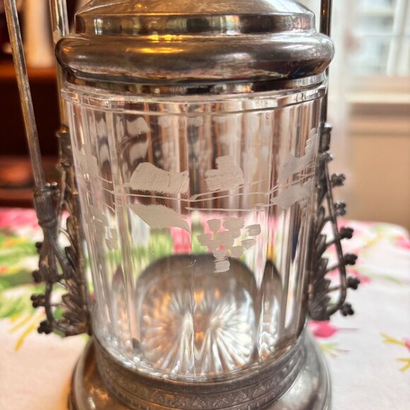 E.G. Webster Antique Triple Plate Victorian Etched Pickle Castor Jar with Tongs - Picture 3 of 15